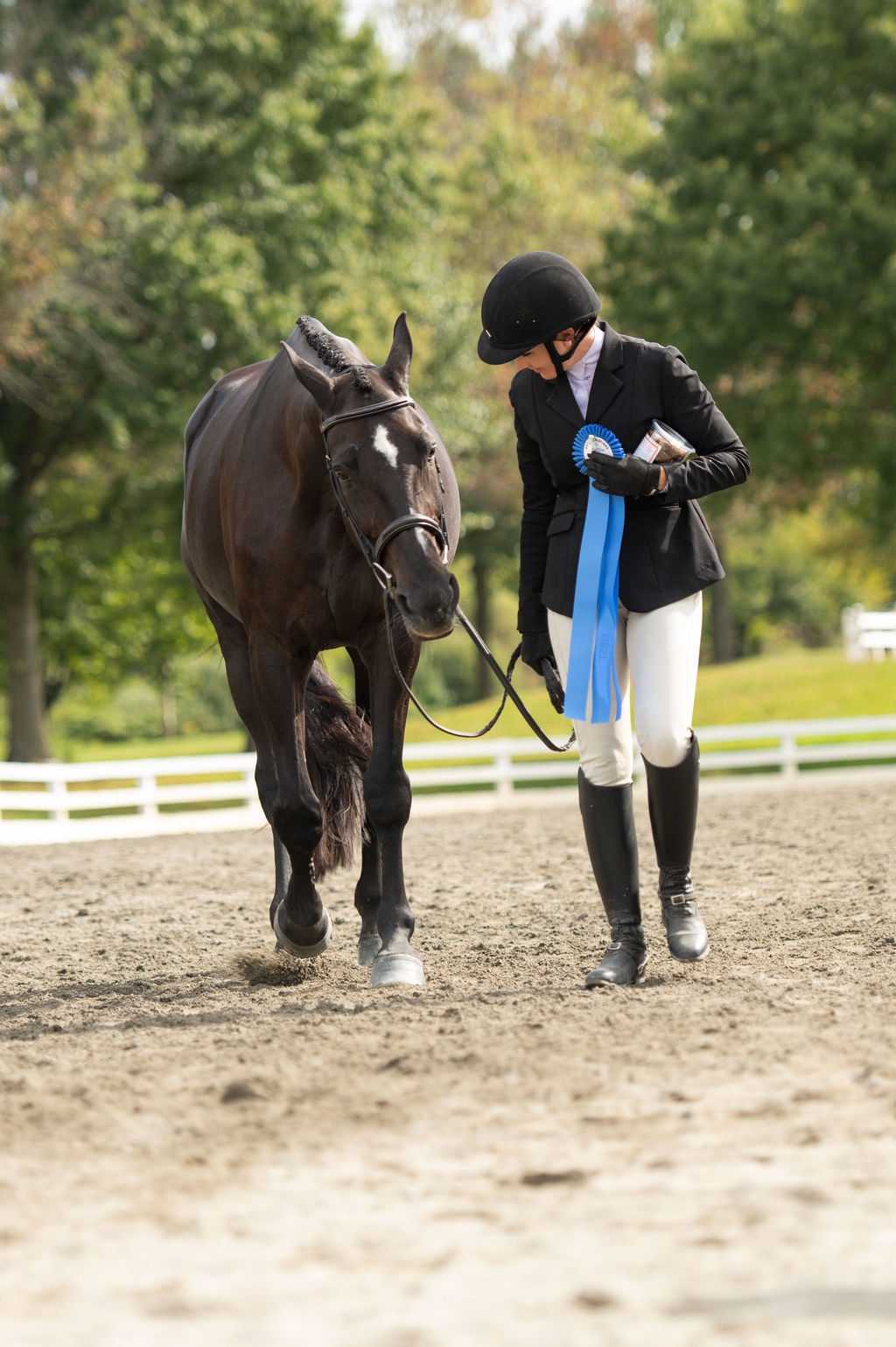 A quiet moment between horse and rider